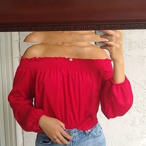 H&M Red Off-the-Shoulder Long-Sleeve Cropped Top